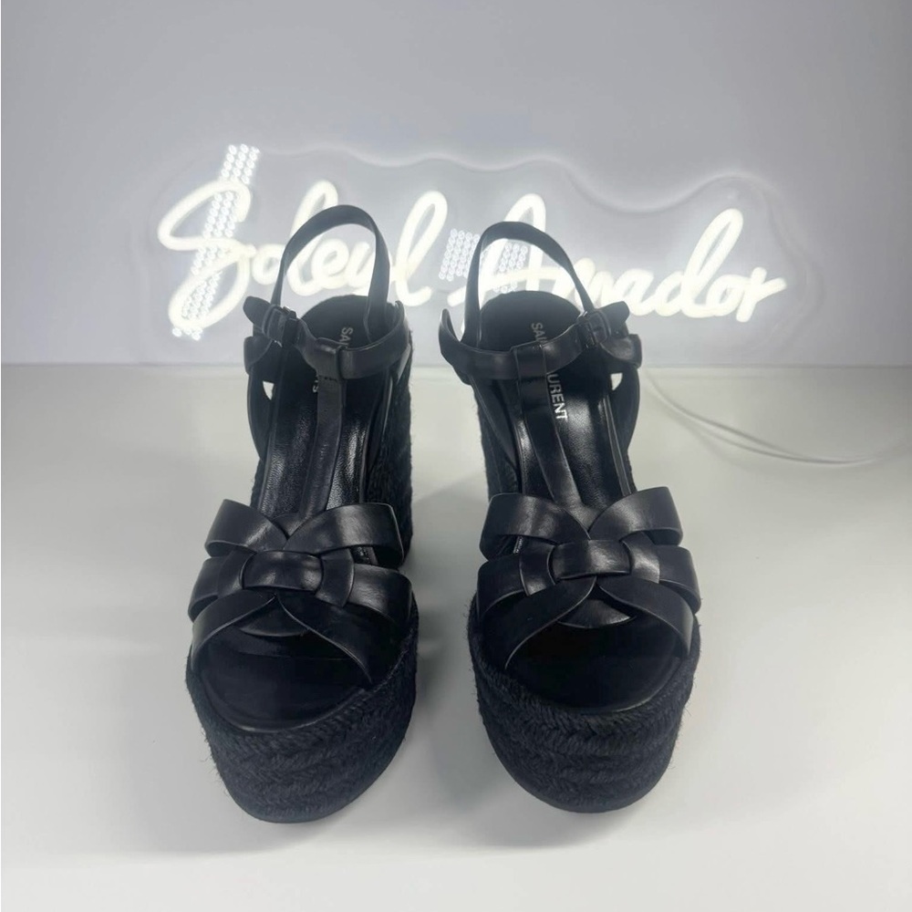 Saint Laurent Tribute Wedge Espadrilles Black Leather Platform Designer Sandals - Picture 5 of 10